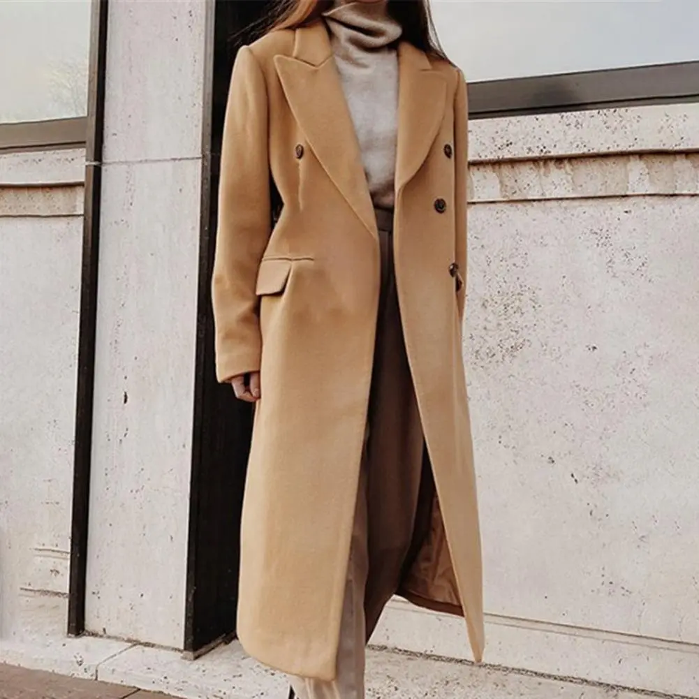 Lapel Double Breasted Woolen Suit Jacket For Women Autumn And Winter Solid Color Lapel Flap Pockets Straight Long Woolen Coat