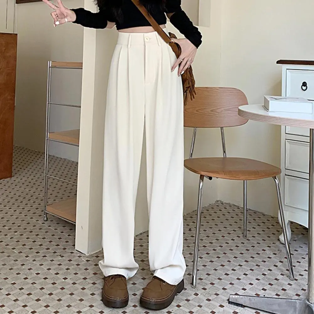 High Waist Straight Leg Women Pants Casual Button Straight Women Suit Pants Office Ladies Korean Fashion Wide Leg Trousers