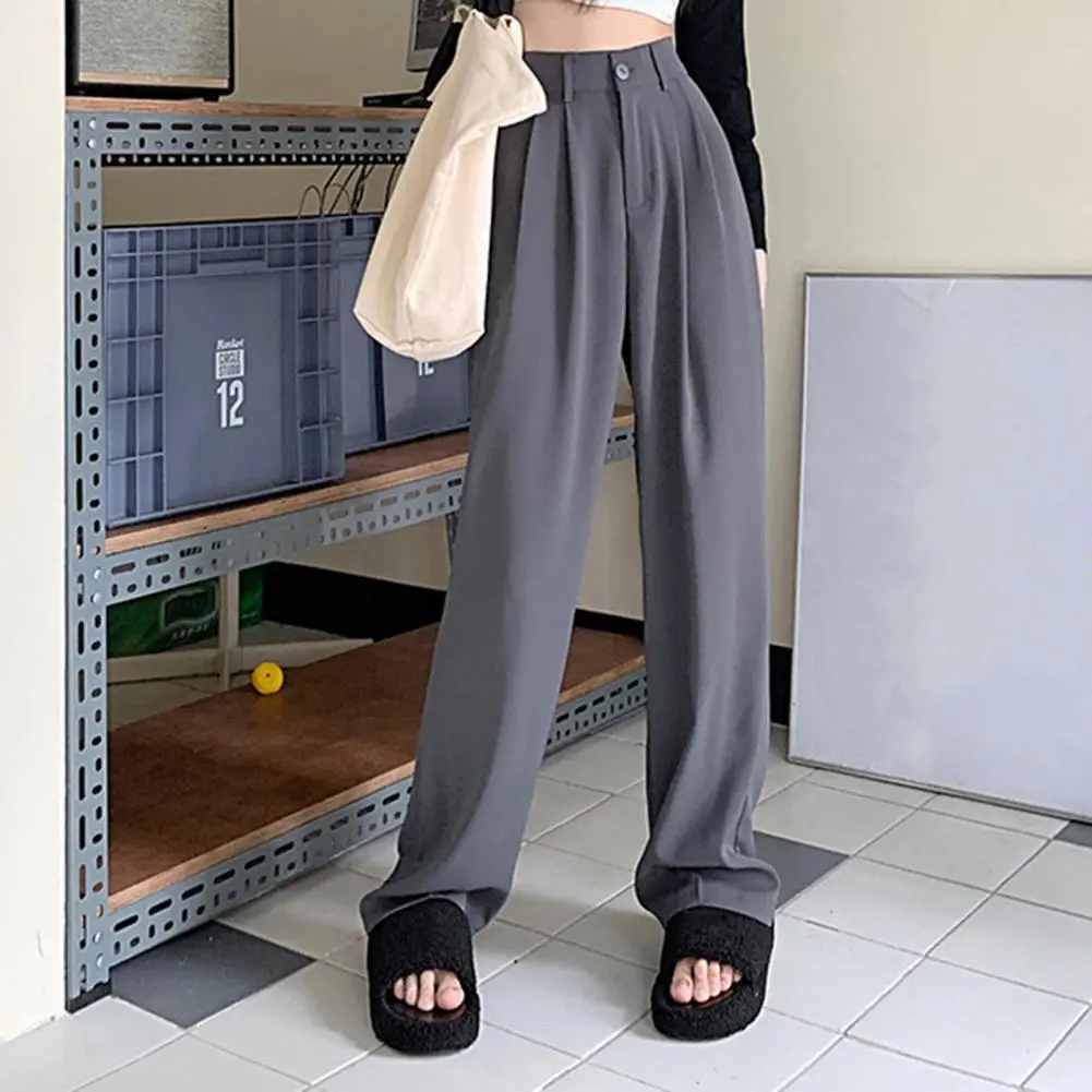 High Waist Straight Leg Women Pants Casual Button Straight Women Suit Pants Office Ladies Korean Fashion Wide Leg Trousers