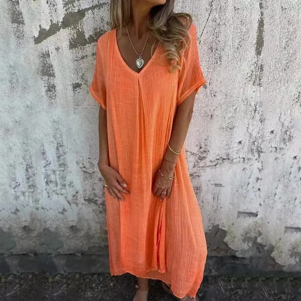 2025 Women Boho Midi Dress V Neck Short Sleeves Loose Flowy Dress Casual  Ladies Evening Party Long Dress Sundress Vestidos