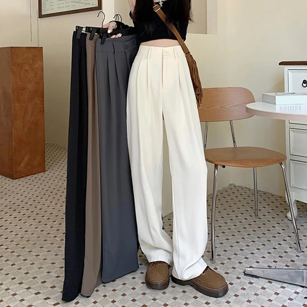High Waist Straight Leg Women Pants Casual Button Straight Women Suit Pants Office Ladies Korean Fashion Wide Leg Trousers