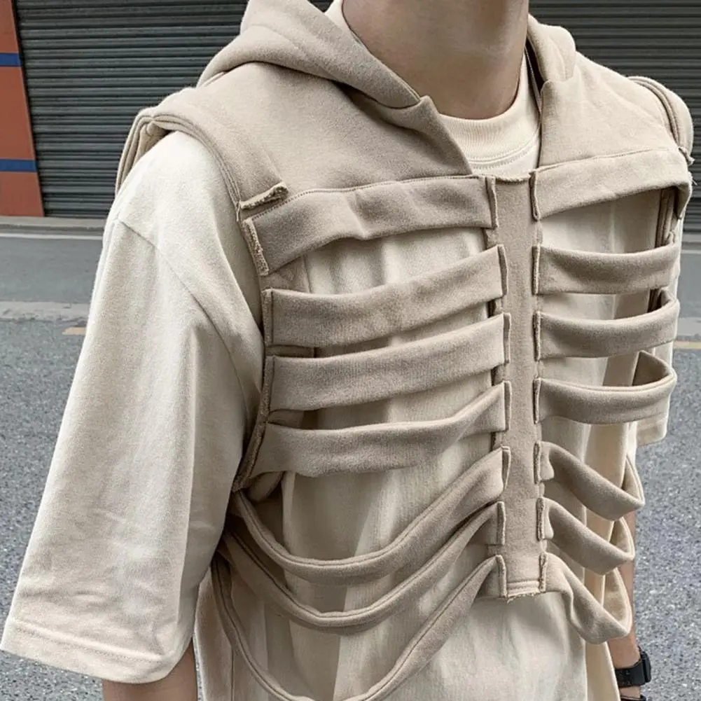 Hooded Skull Rib Vest Women Men Retro American Hip-Hop Sleeveless Jacket High Street Inspired Sleeveless Vest Coat Streetwear