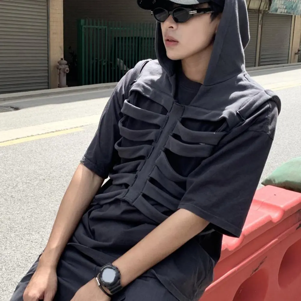 Hooded Skull Rib Vest Women Men Retro American Hip-Hop Sleeveless Jacket High Street Inspired Sleeveless Vest Coat Streetwear