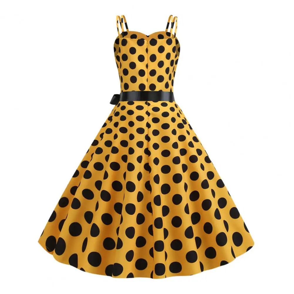 Retro Dot Print Dress V Neck Back Zipper High Waist Bow Decor Sleeveless Dress  Party Wedding Prom Ball Gown Women Midi Dress