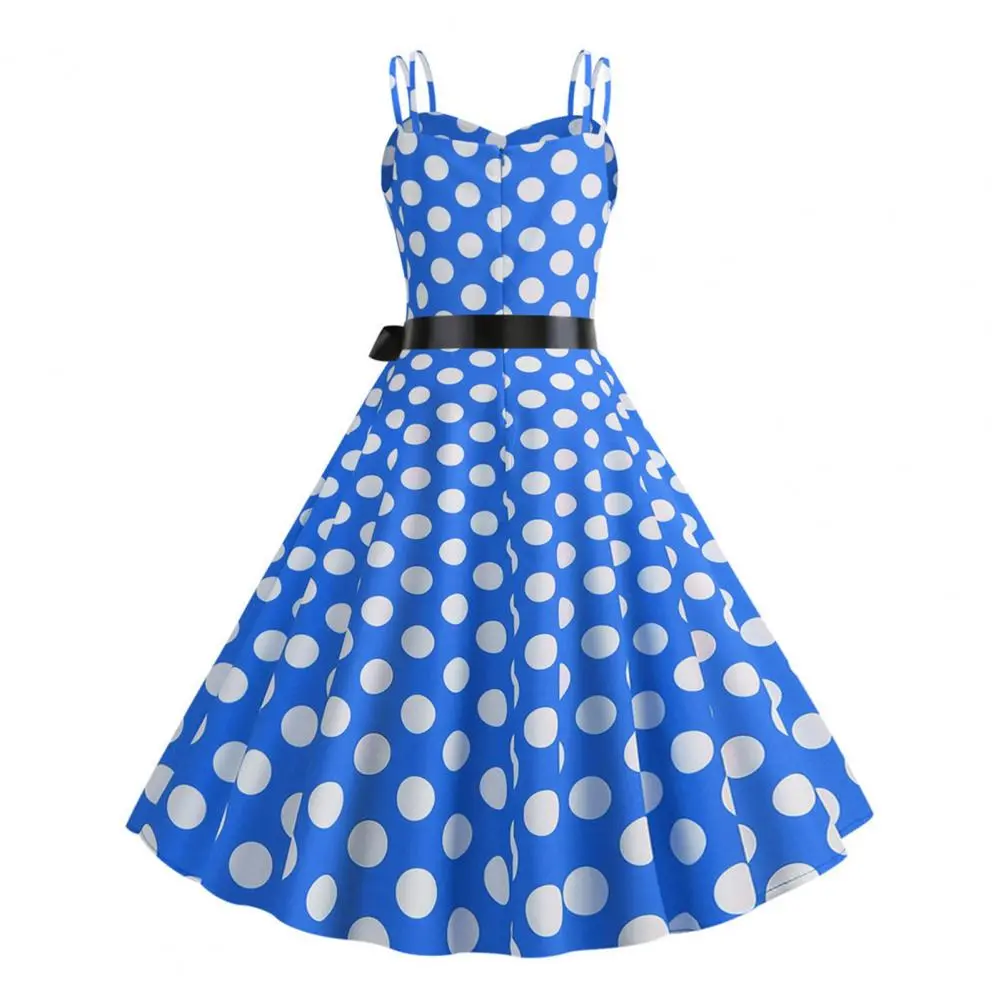 Retro Dot Print Dress V Neck Back Zipper High Waist Bow Decor Sleeveless Dress  Party Wedding Prom Ball Gown Women Midi Dress
