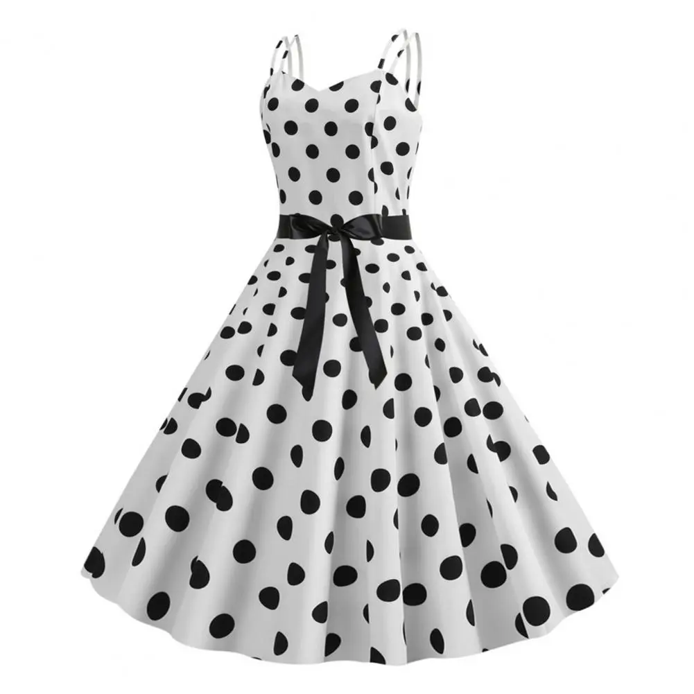 Retro Dot Print Dress V Neck Back Zipper High Waist Bow Decor Sleeveless Dress  Party Wedding Prom Ball Gown Women Midi Dress