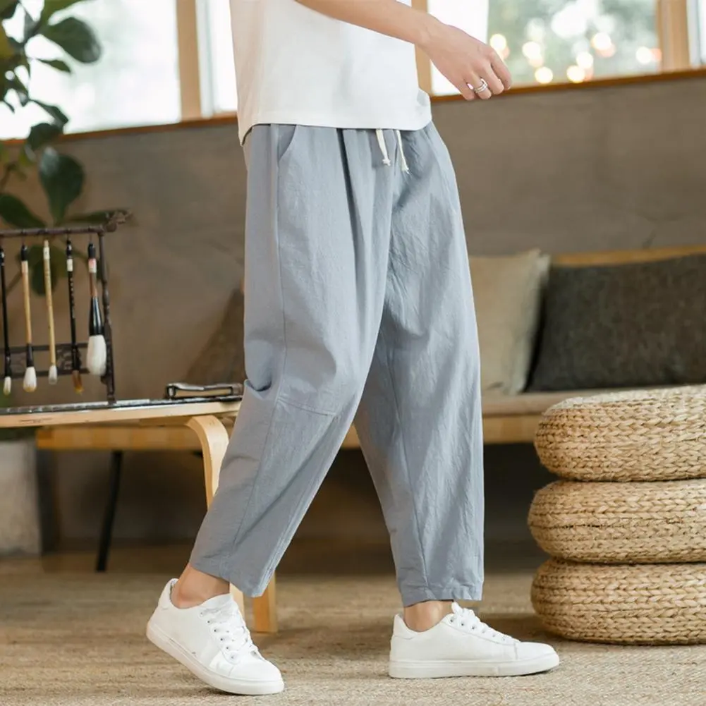 2025 L-4XL Men Ninth Pants Loose Straight Drawstring Straight-leg Casual Trousers Ankle Length Casual Sweatpants Long Trousers