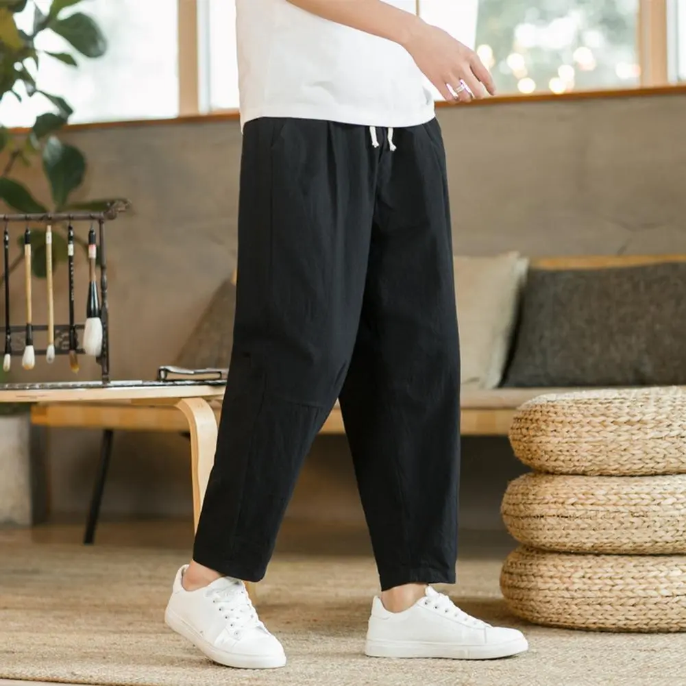 2025 L-4XL Men Ninth Pants Loose Straight Drawstring Straight-leg Casual Trousers Ankle Length Casual Sweatpants Long Trousers