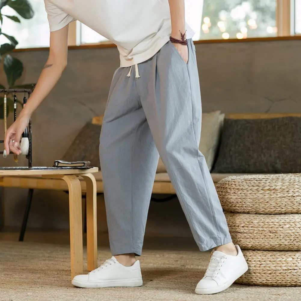 2025 L-4XL Men Ninth Pants Loose Straight Drawstring Straight-leg Casual Trousers Ankle Length Casual Sweatpants Long Trousers