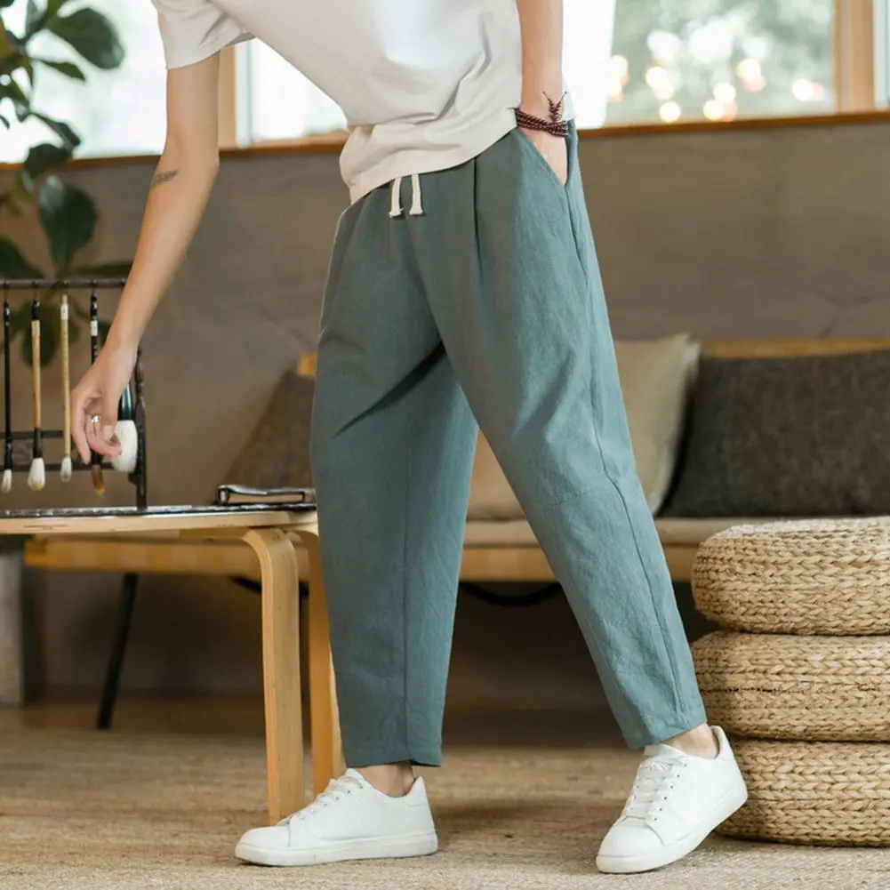2025 L-4XL Men Ninth Pants Loose Straight Drawstring Straight-leg Casual Trousers Ankle Length Casual Sweatpants Long Trousers