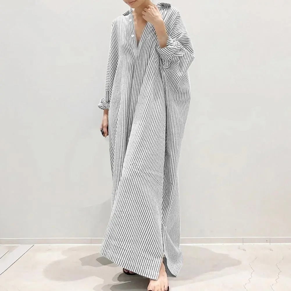 Striped Single Breasted Maxi Dress Cotton And Linen Women Shirt Dress Summer Irregular Hem Long Sleeve Turndown Collar Dress