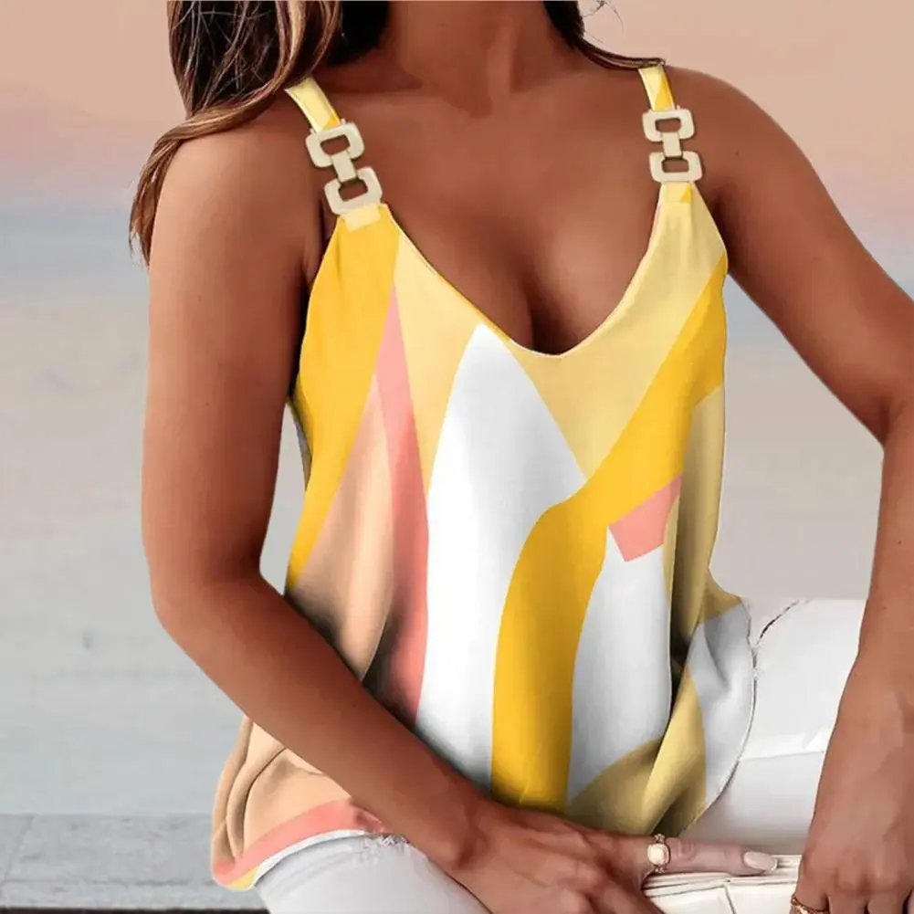Geometric Print Women Blouse Chain Sling Office Commute Blouse Graphic Print Summer Off Shoulder V Neck Ladies Suspender Vest