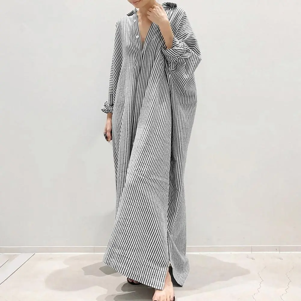 Striped Single Breasted Maxi Dress Cotton And Linen Women Shirt Dress Summer Irregular Hem Long Sleeve Turndown Collar Dress