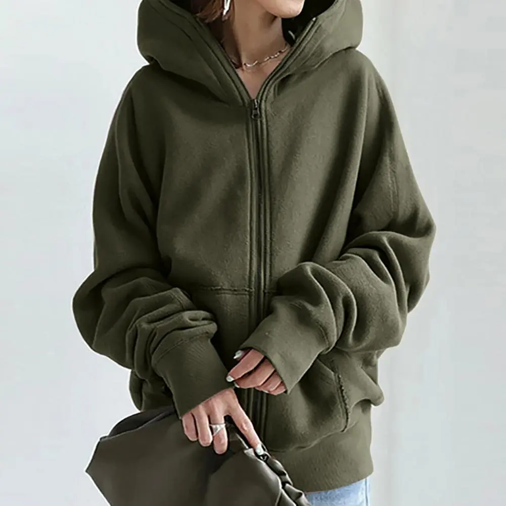 Sweatshirt Jacket Skin-Touching Cardigan Hoodie Shrinkable Cuffs Coldproof  Stylish Lady Simple Casual Solid Color Hooded Coat