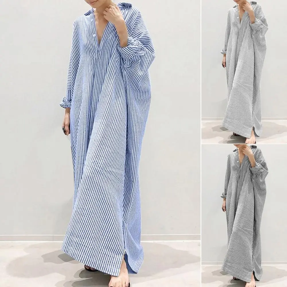 Striped Single Breasted Maxi Dress Cotton And Linen Women Shirt Dress Summer Irregular Hem Long Sleeve Turndown Collar Dress