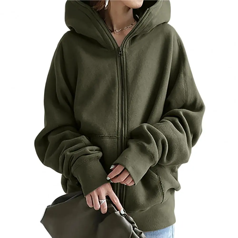 Sweatshirt Jacket Skin-Touching Cardigan Hoodie Shrinkable Cuffs Coldproof  Stylish Lady Simple Casual Solid Color Hooded Coat