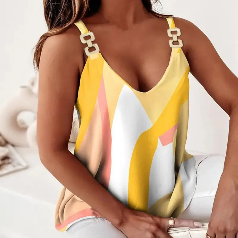 Geometric Print Women Blouse Chain Sling Office Commute Blouse Graphic Print Summer Off Shoulder V Neck Ladies Suspender Vest