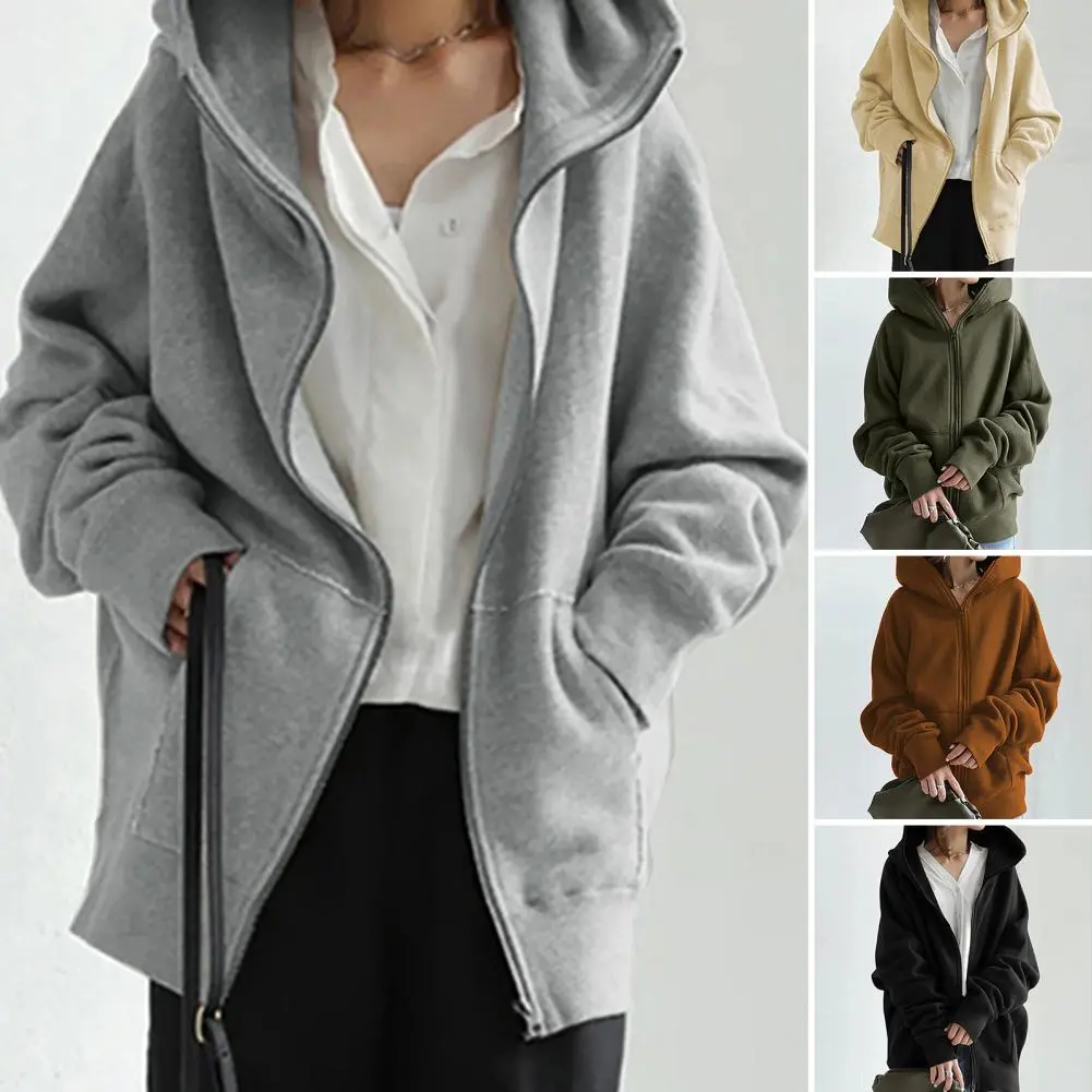 Sweatshirt Jacket Skin-Touching Cardigan Hoodie Shrinkable Cuffs Coldproof  Stylish Lady Simple Casual Solid Color Hooded Coat