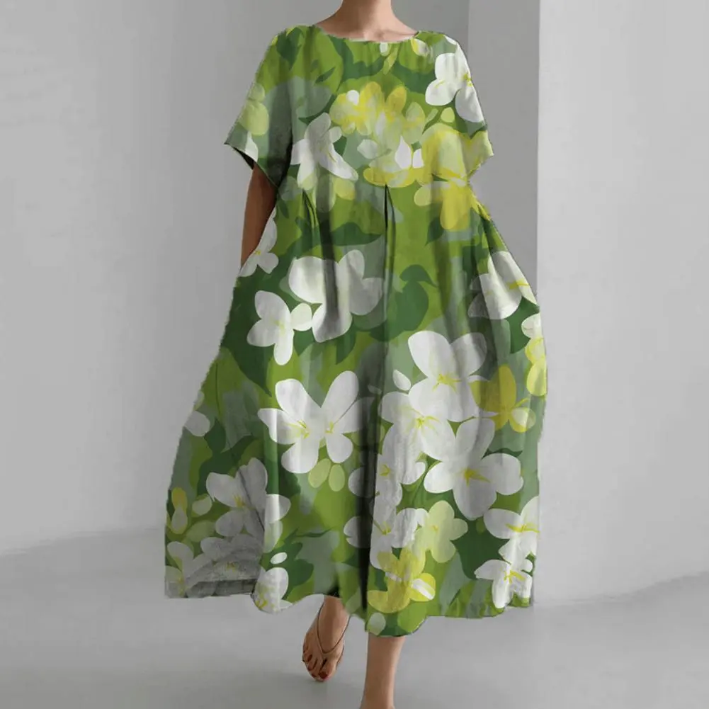 Women Floral Print Midi Dress Loose Neck Short Sleeve Bohemian Style Artistic Floral Printed summer sundress Chic Beach Dress