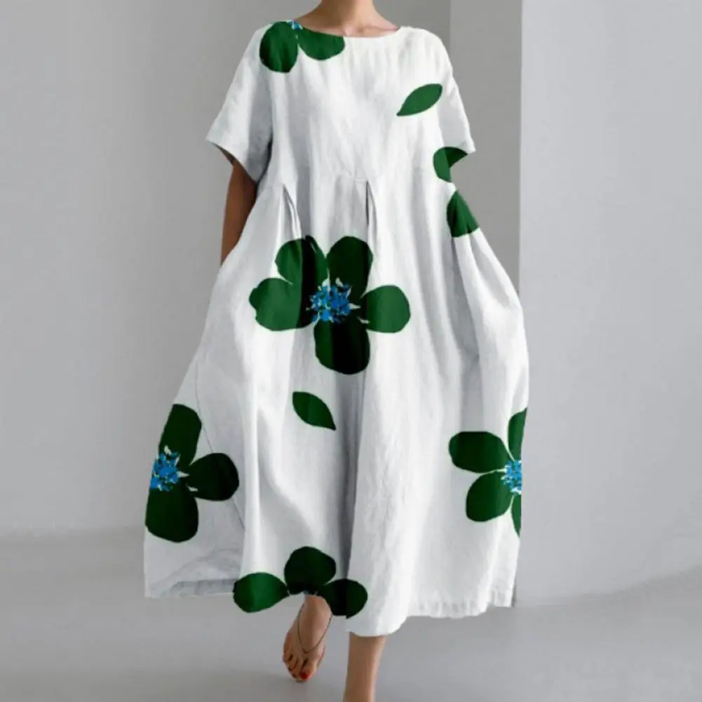 Women Floral Print Midi Dress Loose Neck Short Sleeve Bohemian Style Artistic Floral Printed summer sundress Chic Beach Dress