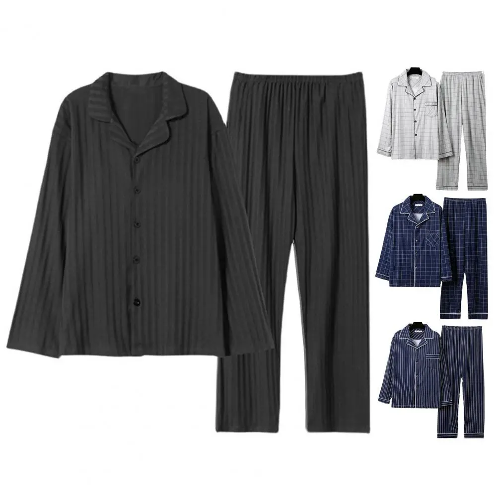 2025 L-3XL Men Fall Winter Pajamas Set Striped Plaid Print Color Matching Single-breasted Men Homewear Clothes Shirt Pants Set