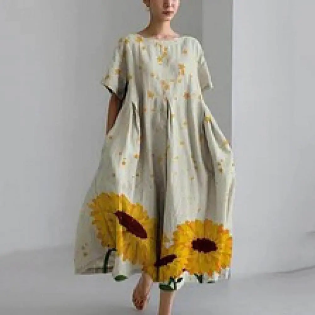 Women Floral Print Midi Dress Loose Neck Short Sleeve Bohemian Style Artistic Floral Printed summer sundress Chic Beach Dress
