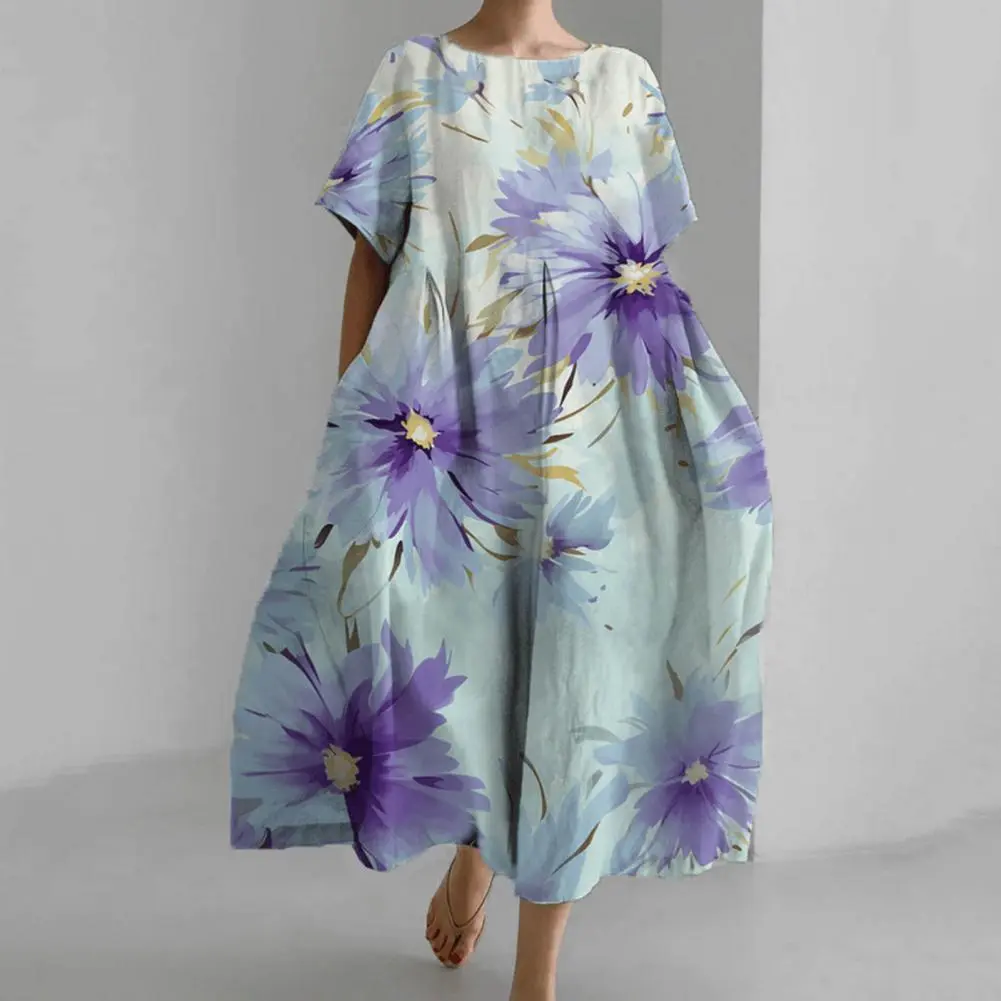Women Floral Print Midi Dress Loose Neck Short Sleeve Bohemian Style Artistic Floral Printed summer sundress Chic Beach Dress