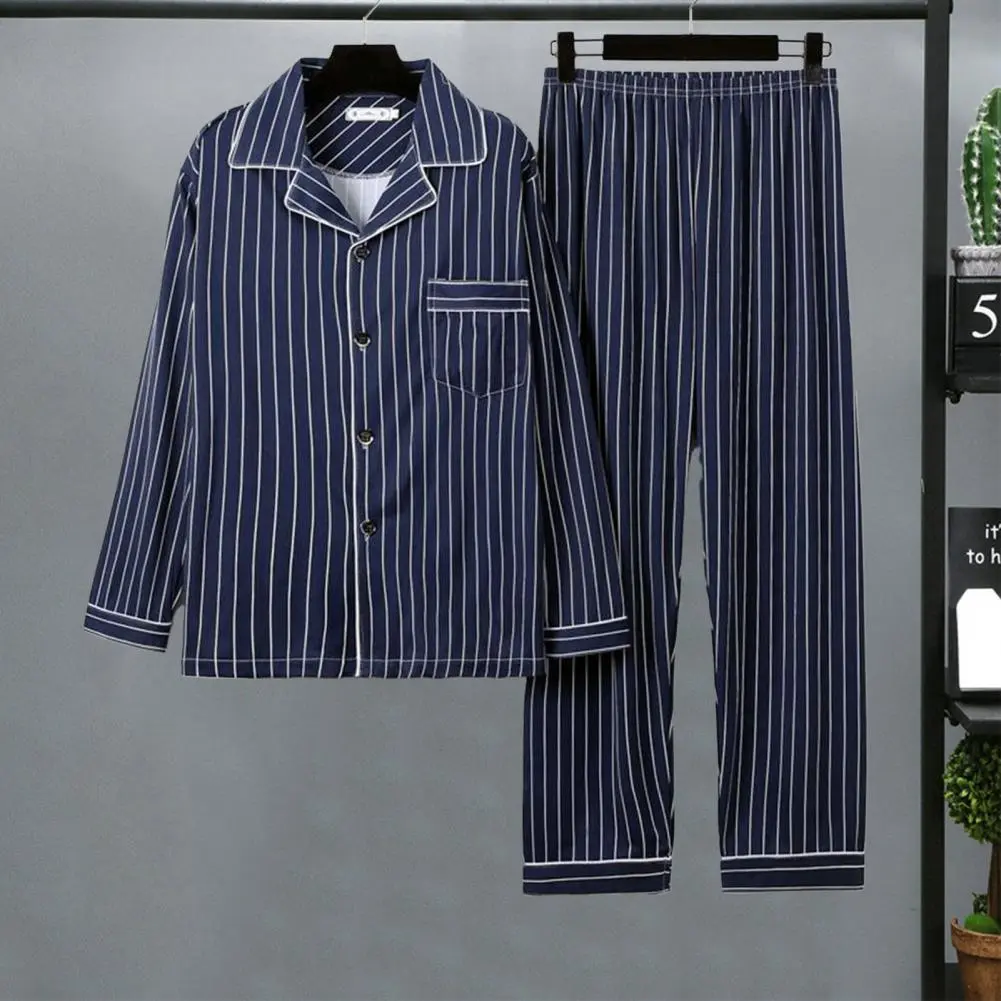 2025 L-3XL Men Fall Winter Pajamas Set Striped Plaid Print Color Matching Single-breasted Men Homewear Clothes Shirt Pants Set