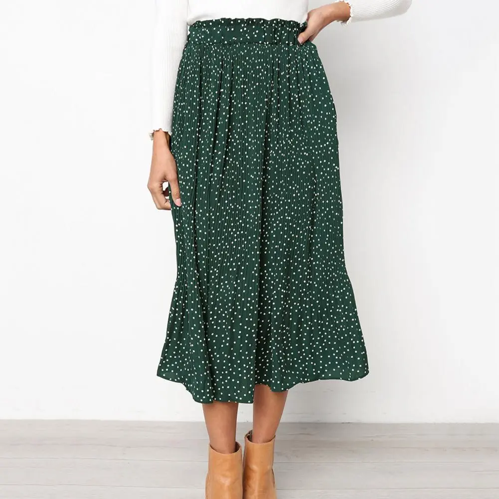 Women Skirt Comfy Ladies Skirt Thin Elastic Waist  Popular Dot Print Pleated Midi Skirt