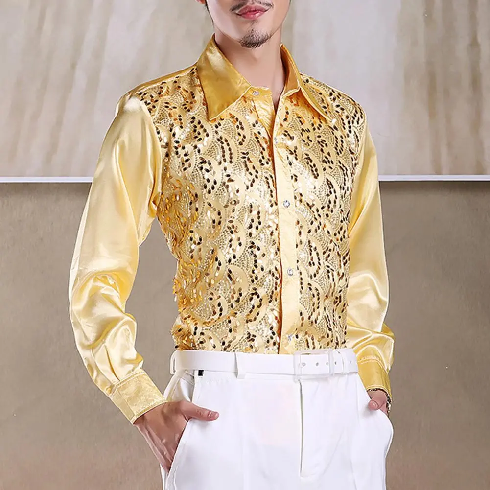 2025 S-2XL Men Luxury Sequins Performance Shirt Lapel Formal Casual Shirt Tops Wedding Stage Shirt Slim Fit Sequins Men Shirts