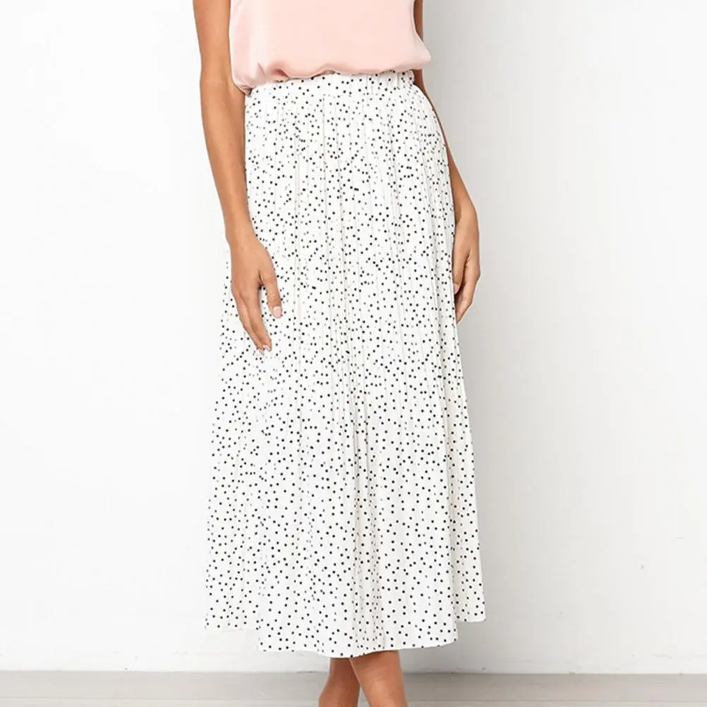 Women Skirt Comfy Ladies Skirt Thin Elastic Waist  Popular Dot Print Pleated Midi Skirt