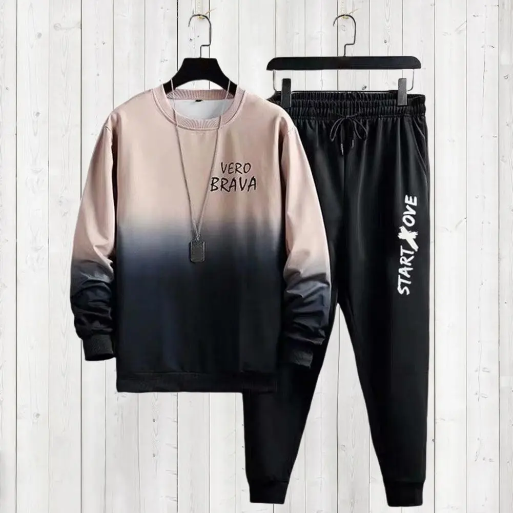 2025 M-4XL Men Sports Suit Gradient Contrast Color Elastic Waist Ankle-banded Hip Hop Sports Tracksuit Sweatshirt Pants Set