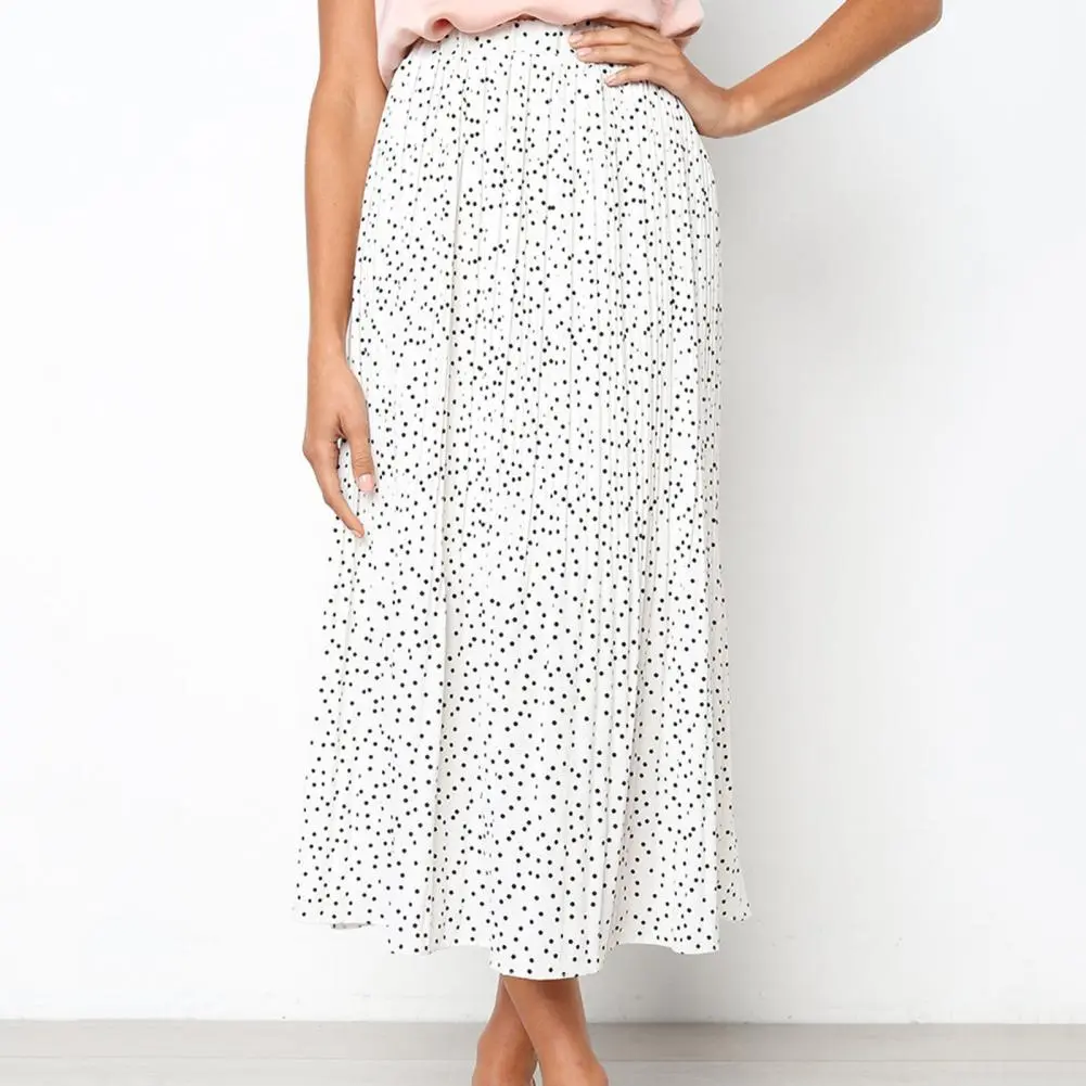Women Skirt Comfy Ladies Skirt Thin Elastic Waist  Popular Dot Print Pleated Midi Skirt
