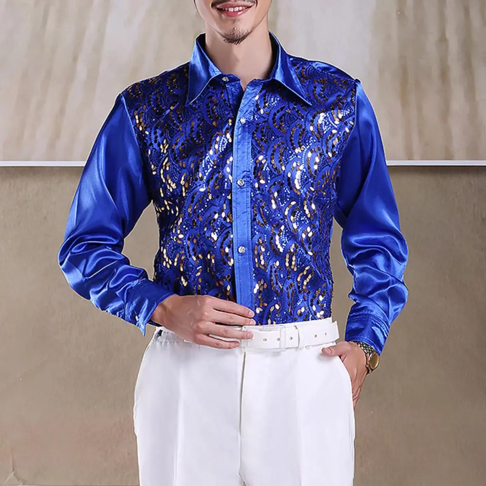 2025 S-2XL Men Luxury Sequins Performance Shirt Lapel Formal Casual Shirt Tops Wedding Stage Shirt Slim Fit Sequins Men Shirts