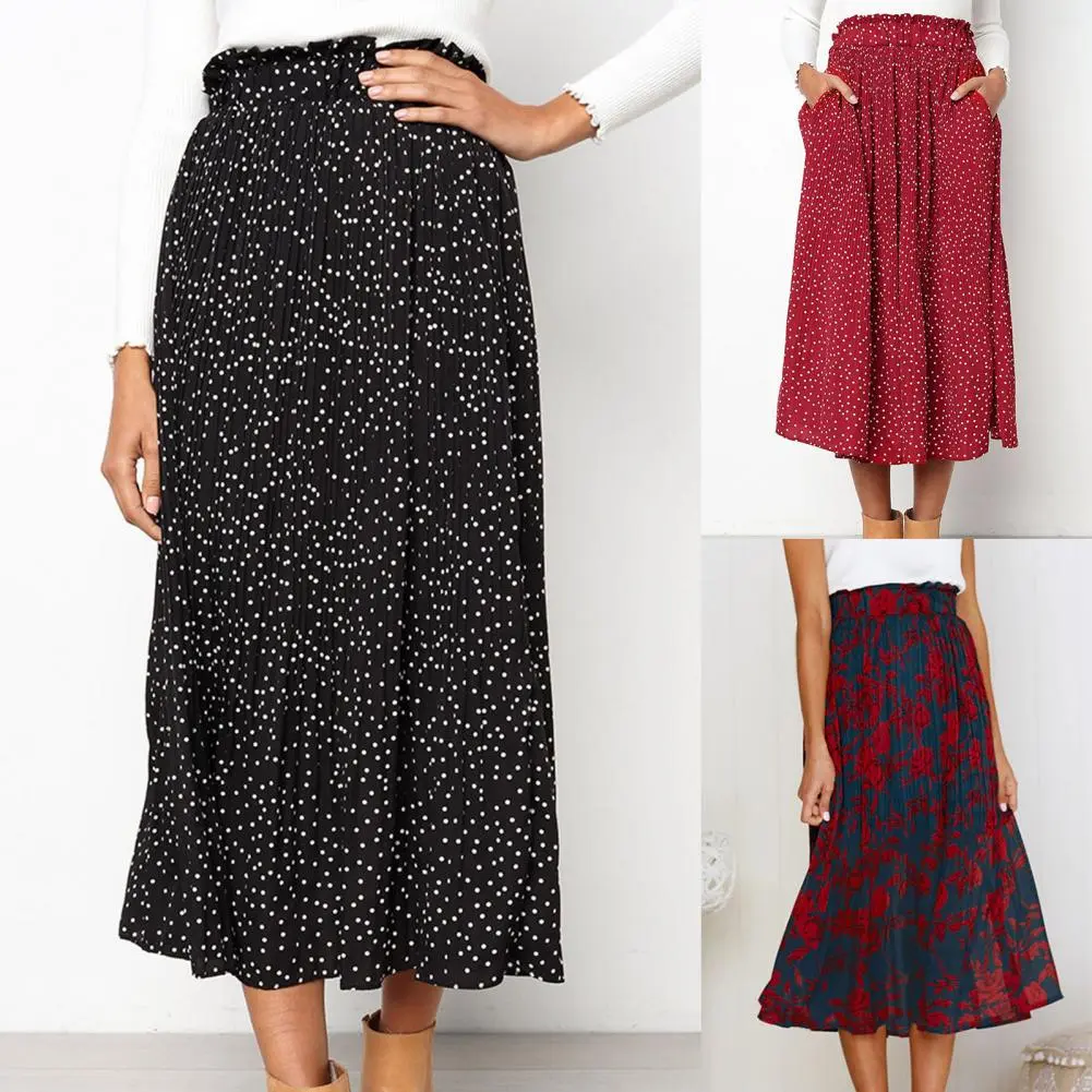 Women Skirt Comfy Ladies Skirt Thin Elastic Waist  Popular Dot Print Pleated Midi Skirt