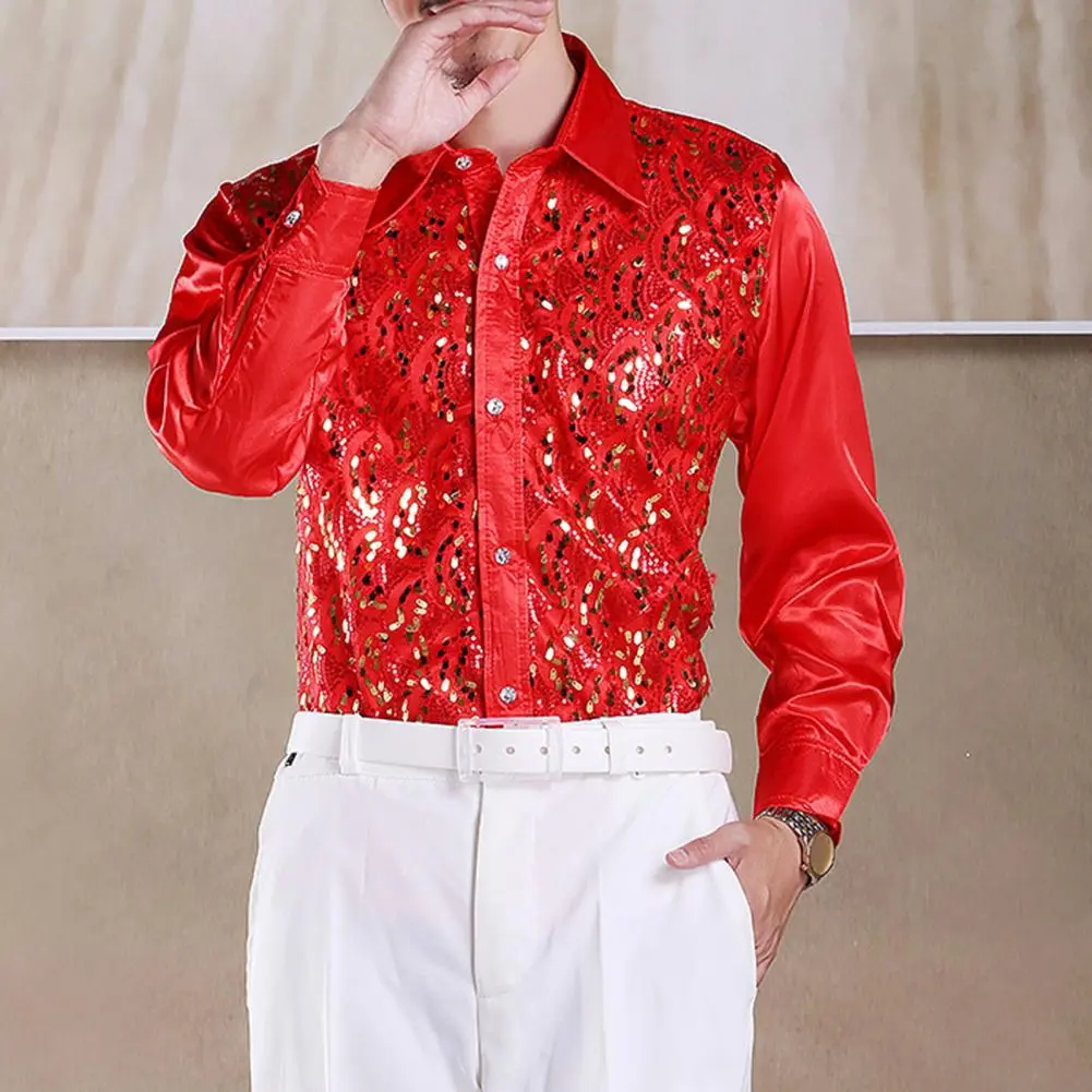 2025 S-2XL Men Luxury Sequins Performance Shirt Lapel Formal Casual Shirt Tops Wedding Stage Shirt Slim Fit Sequins Men Shirts