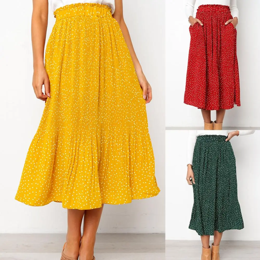 Women Skirt Comfy Ladies Skirt Thin Elastic Waist  Popular Dot Print Pleated Midi Skirt