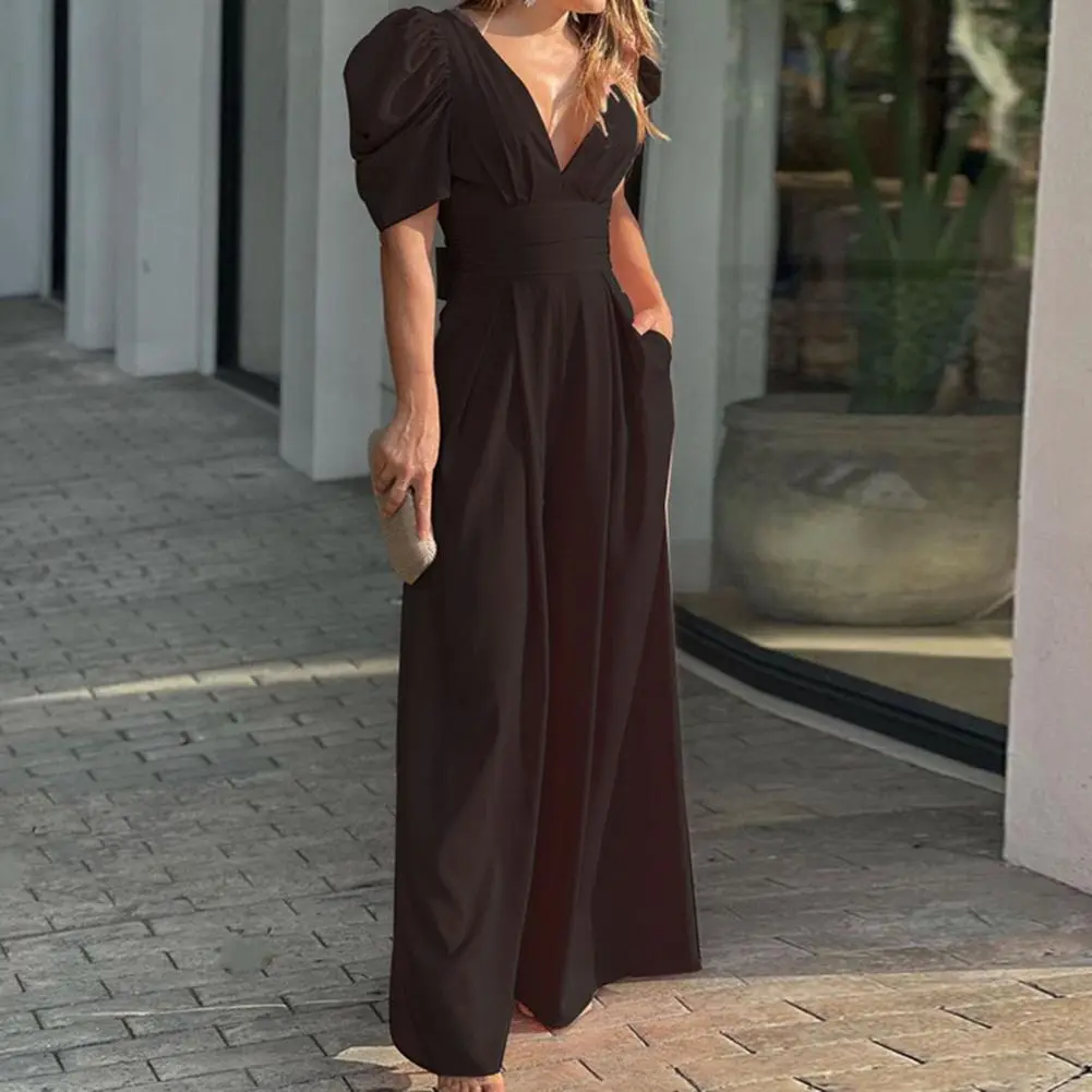 Women's Jumpsuit Sexy V-Neck Hollowed Waist Tie Bodycon Wide Leg Jumpsuit Casual Slim Playsuit With Pockets Rompers Streetwear
