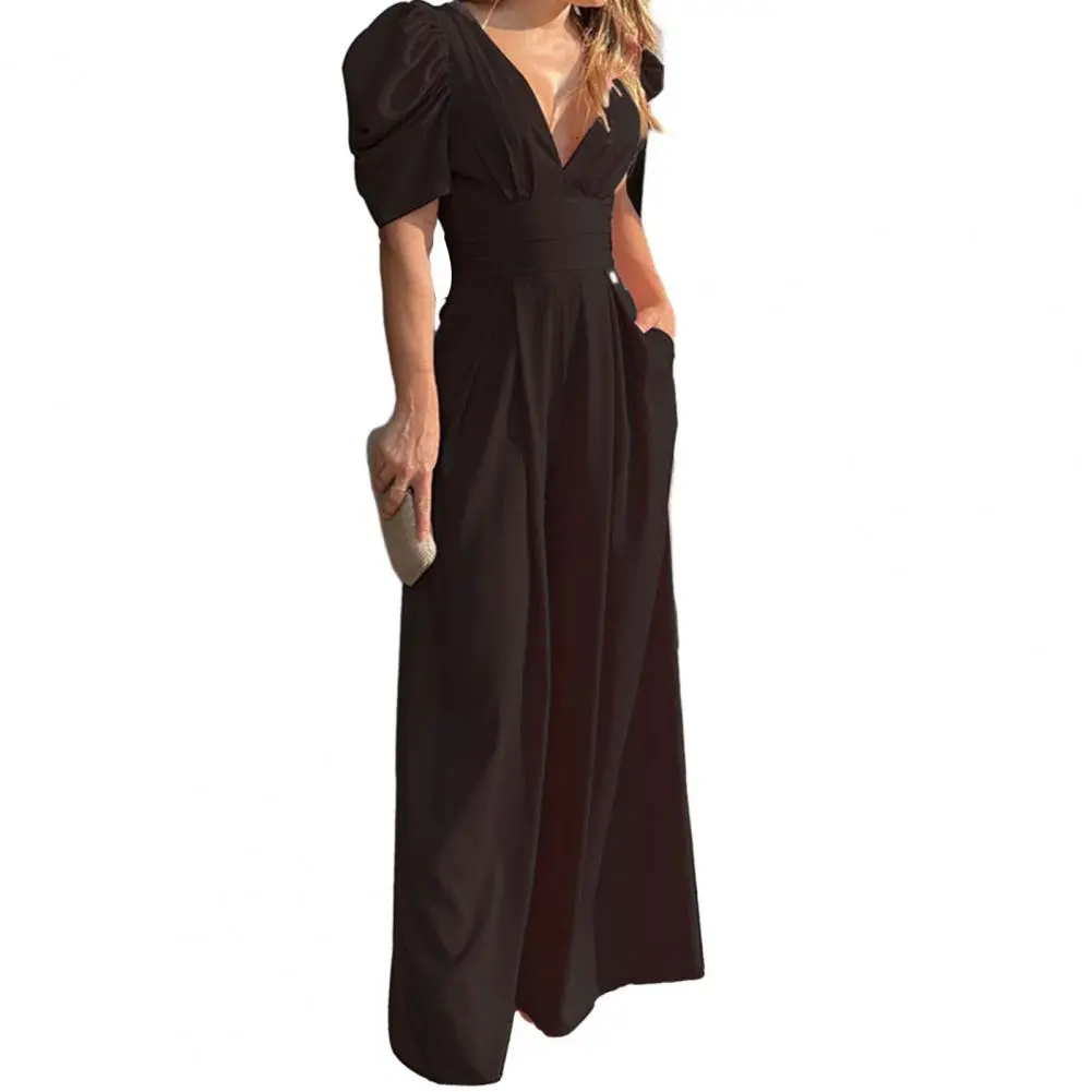 Women's Jumpsuit Sexy V-Neck Hollowed Waist Tie Bodycon Wide Leg Jumpsuit Casual Slim Playsuit With Pockets Rompers Streetwear
