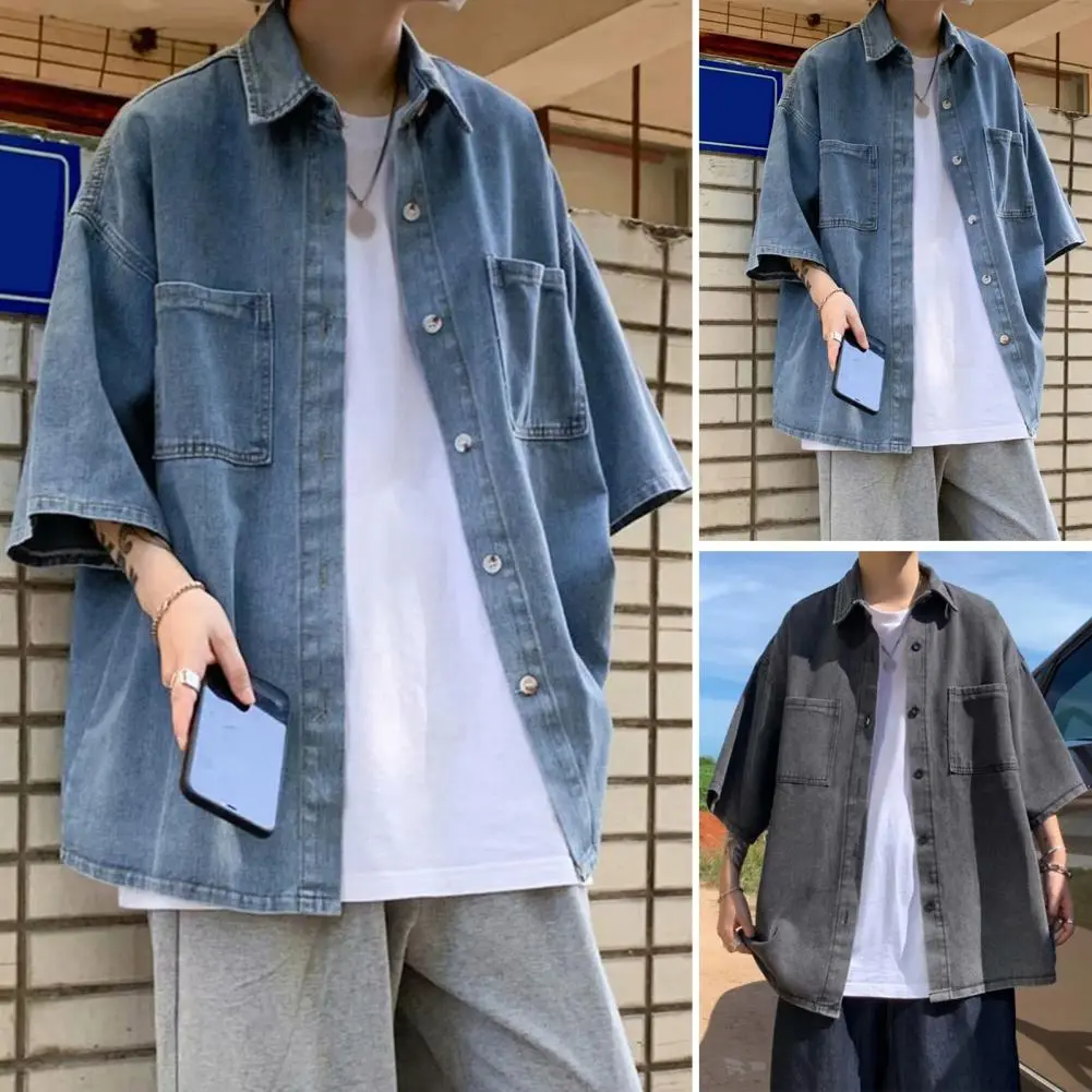 Lapel Collar Summer Shirt for Men Men Summer Lapel Shirt Stylish Men's Denim Button-down Shirt with Chest for Summer for Street