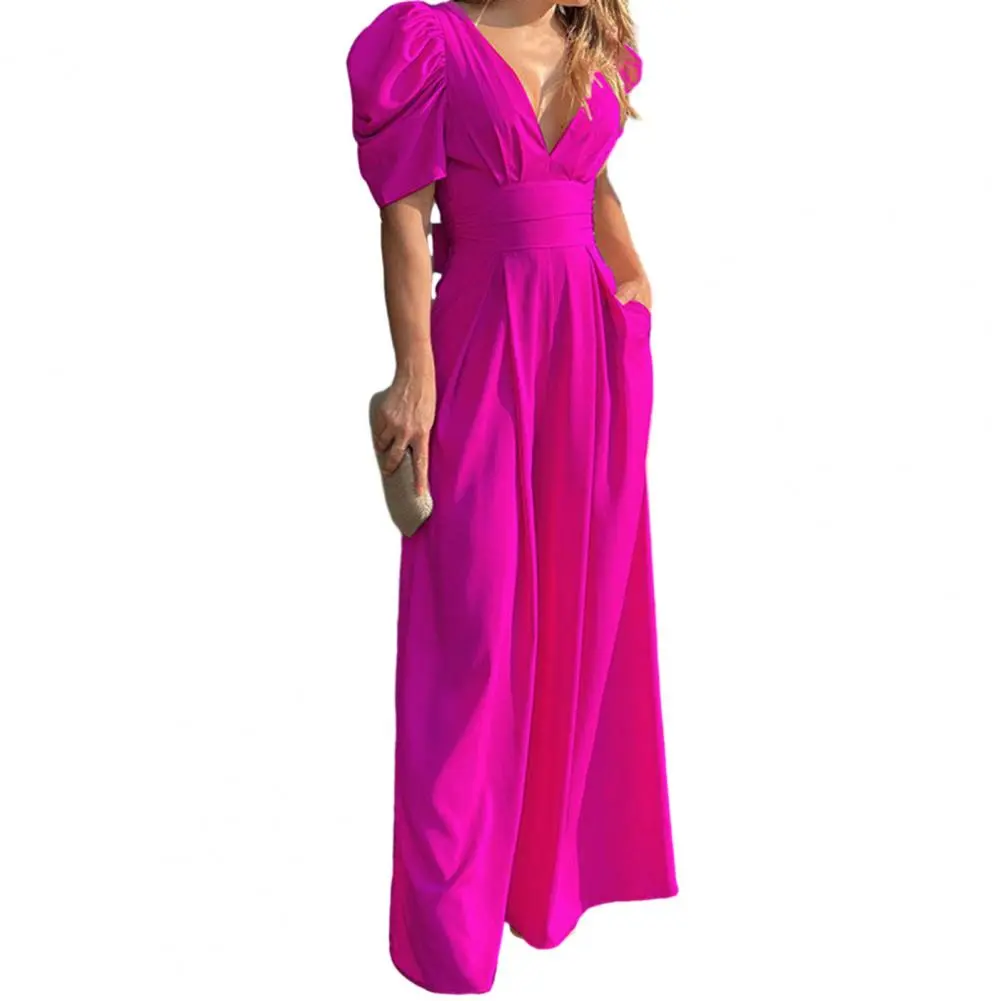 Women's Jumpsuit Sexy V-Neck Hollowed Waist Tie Bodycon Wide Leg Jumpsuit Casual Slim Playsuit With Pockets Rompers Streetwear