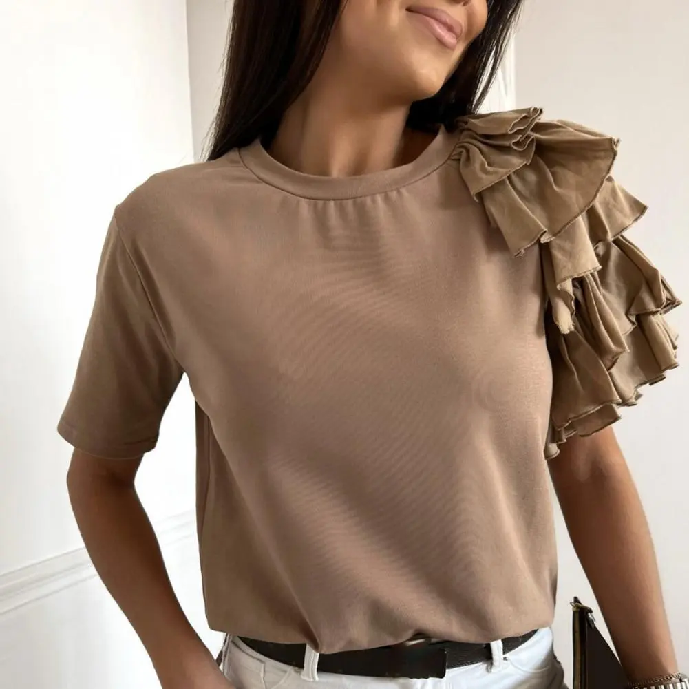 Women Blouses Pleats T-shirts  Summer Elegant Layered Ruffle Short Sleeve Asymmetric Loose Falbala Sleeve Pullover stranger thin