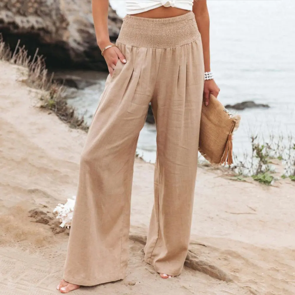 Full Length Female Trousers 2025 Summer Women Pants Cotton Wide Leg Waist Breathable Lady Pockets Loose Beach Casual Pants