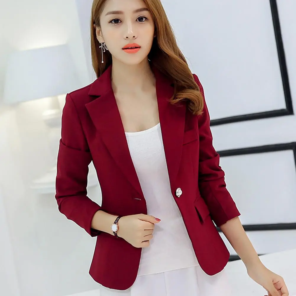 Women Notched Collar Flap Pockets Single Button Slim Women Spring Autumn Commuting Style Solid Color Suit Coat