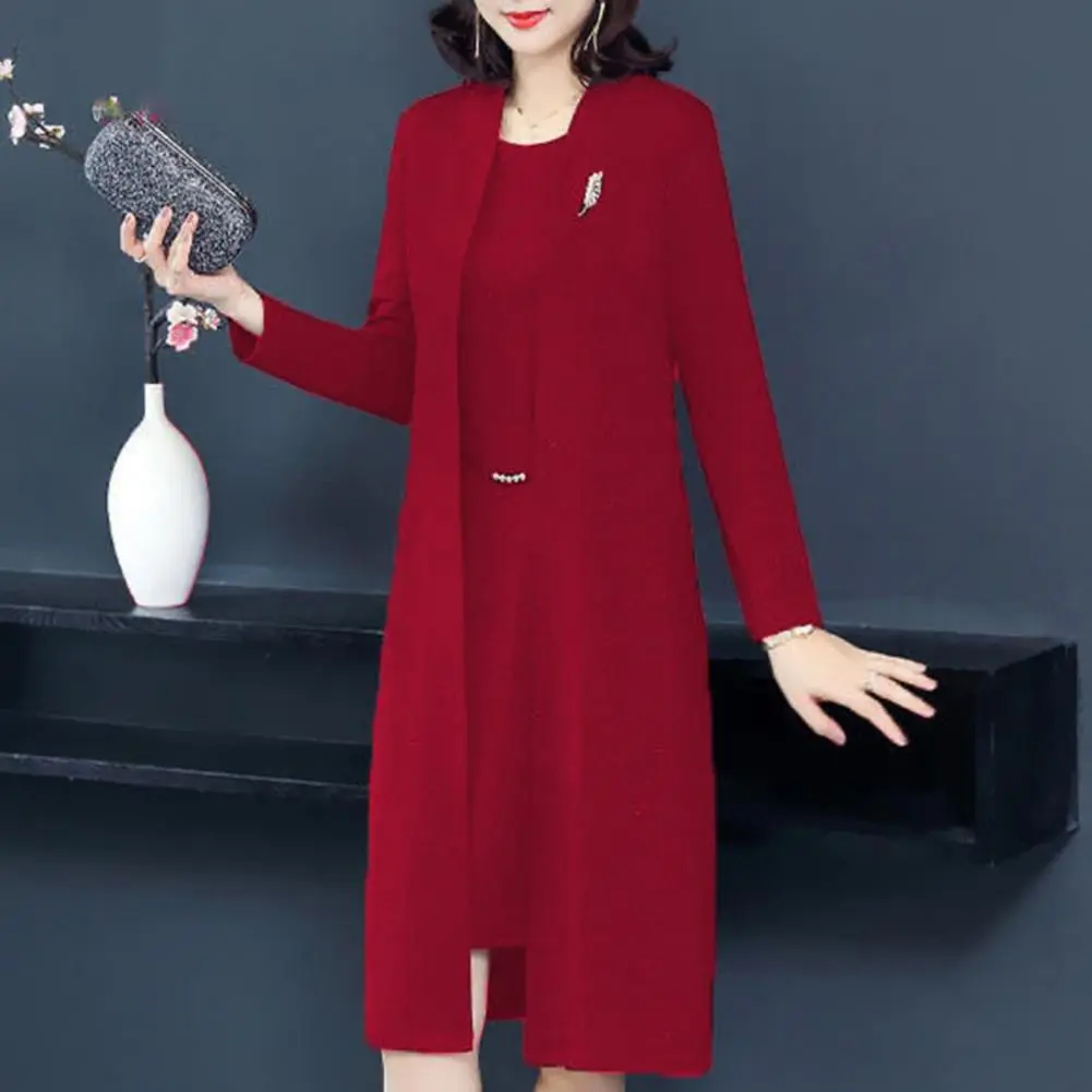 Spring Elegant Open Front Long Cardigan Women Dress Coat Set 2025 O Neck Sleeveless Dress Set Office Ladies Dress Matching Sets
