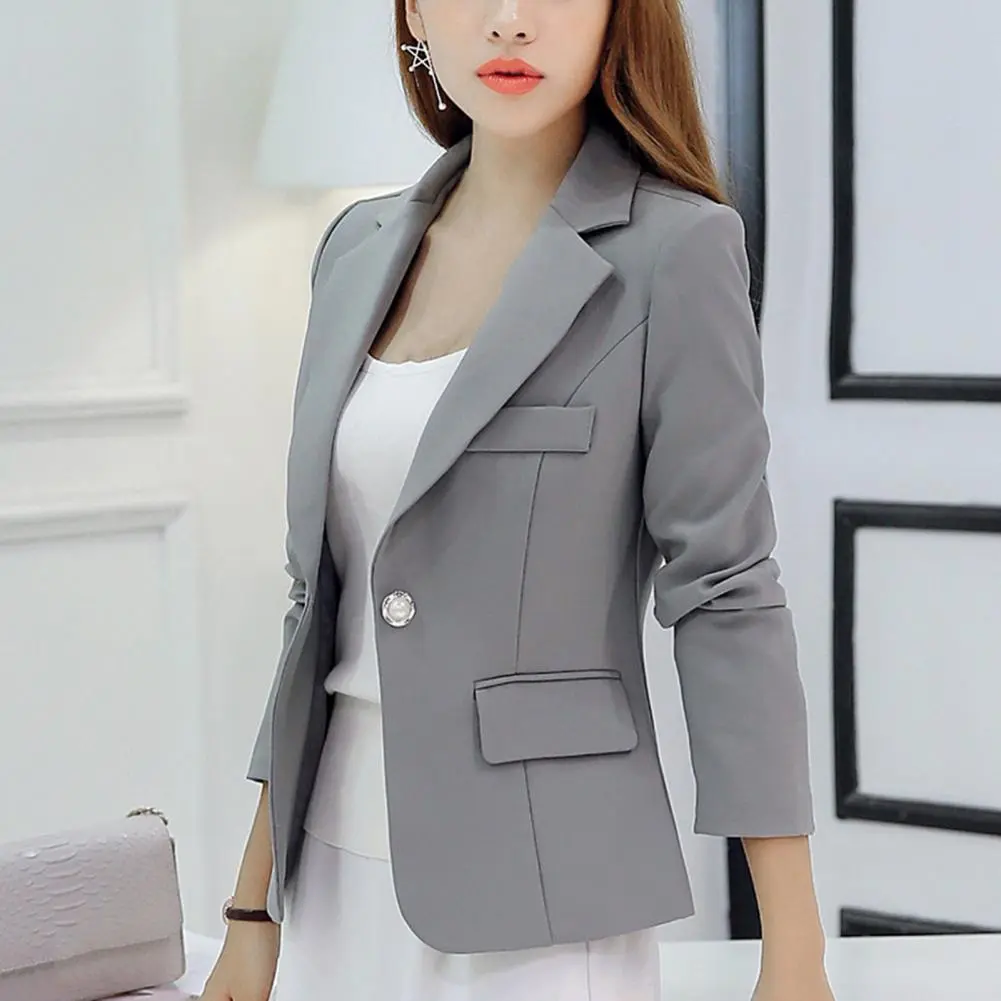 Women Notched Collar Flap Pockets Single Button Slim Women Spring Autumn Commuting Style Solid Color Suit Coat