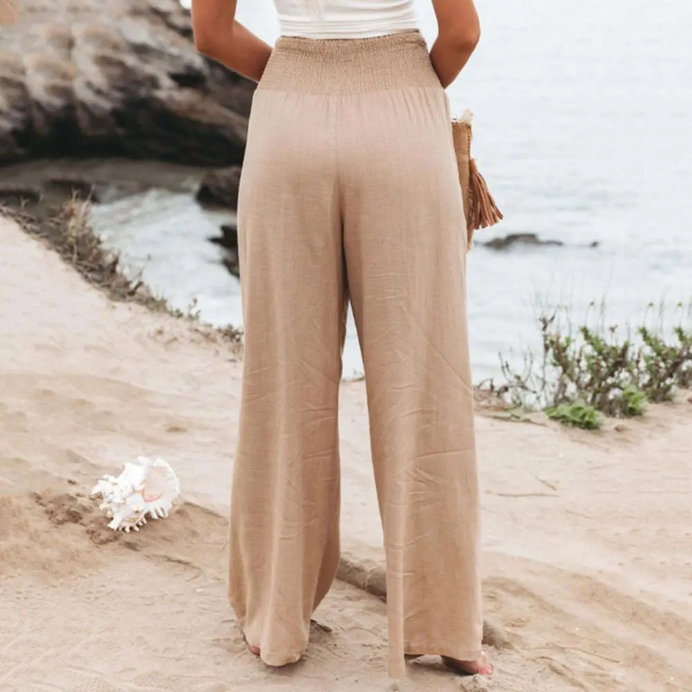 Full Length Female Trousers 2025 Summer Women Pants Cotton Wide Leg Waist Breathable Lady Pockets Loose Beach Casual Pants