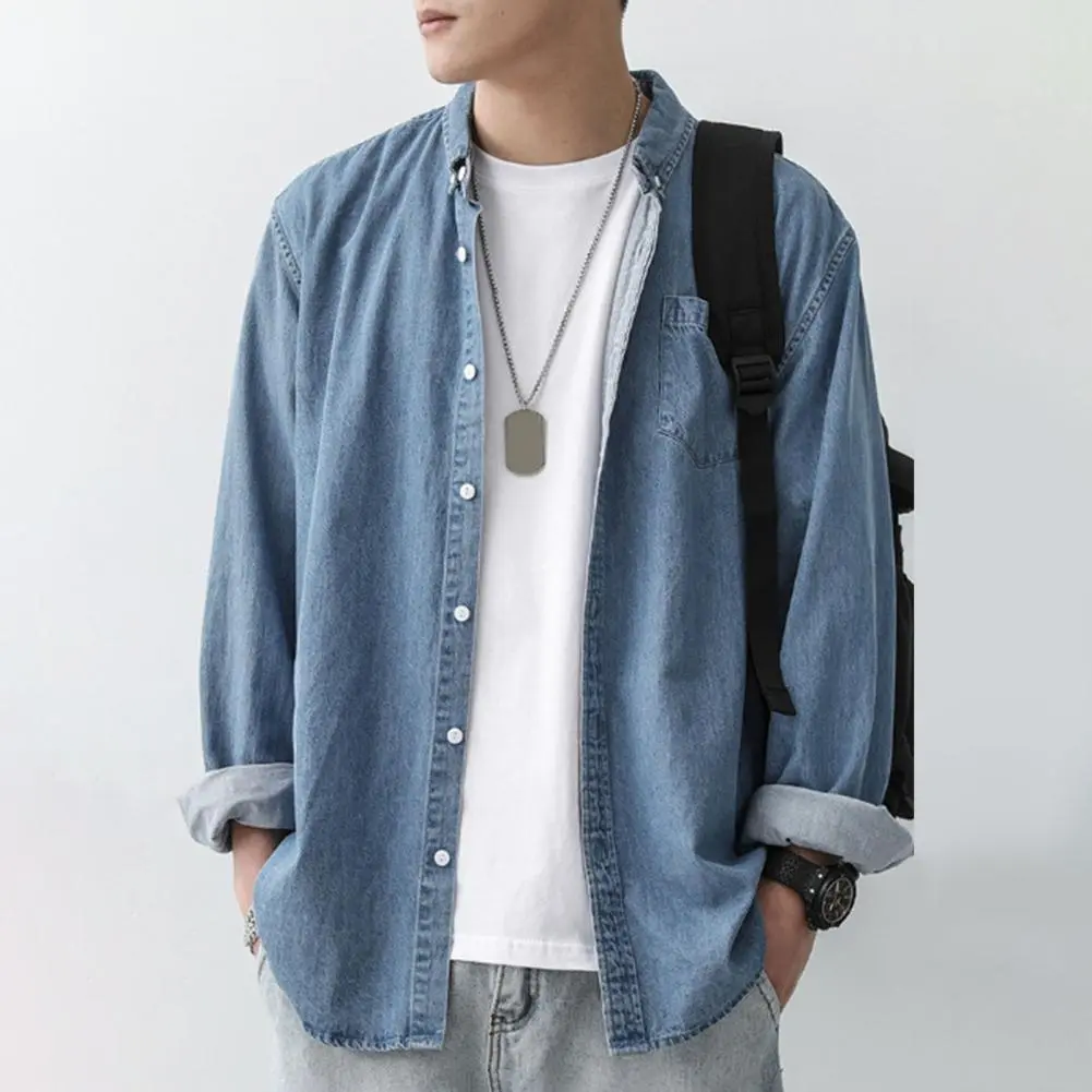 Men Loose Fit Denim Shirt Stylish Men Long Sleeve Shirt Casual Men's Denim Shirt Long Sleeve Lapel Button Down for Daily