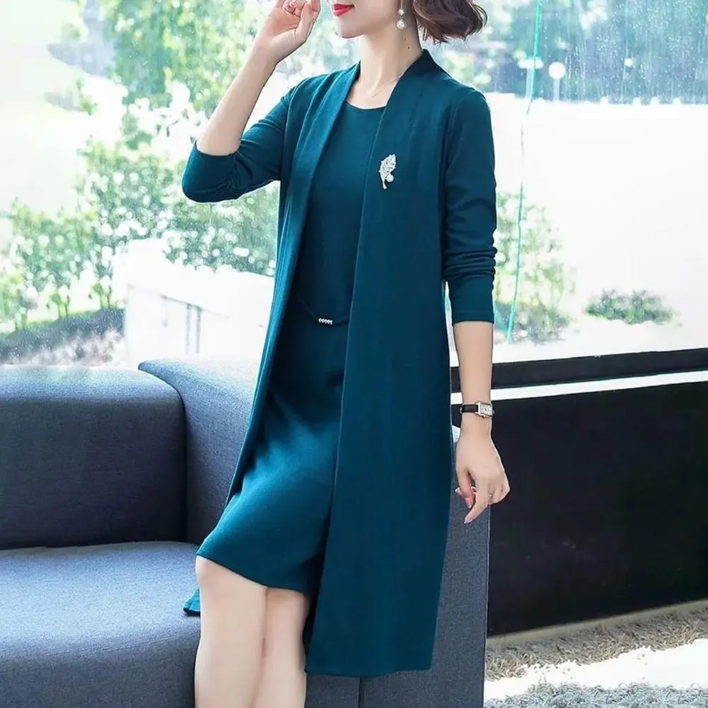 Spring Elegant Open Front Long Cardigan Women Dress Coat Set 2025 O Neck Sleeveless Dress Set Office Ladies Dress Matching Sets