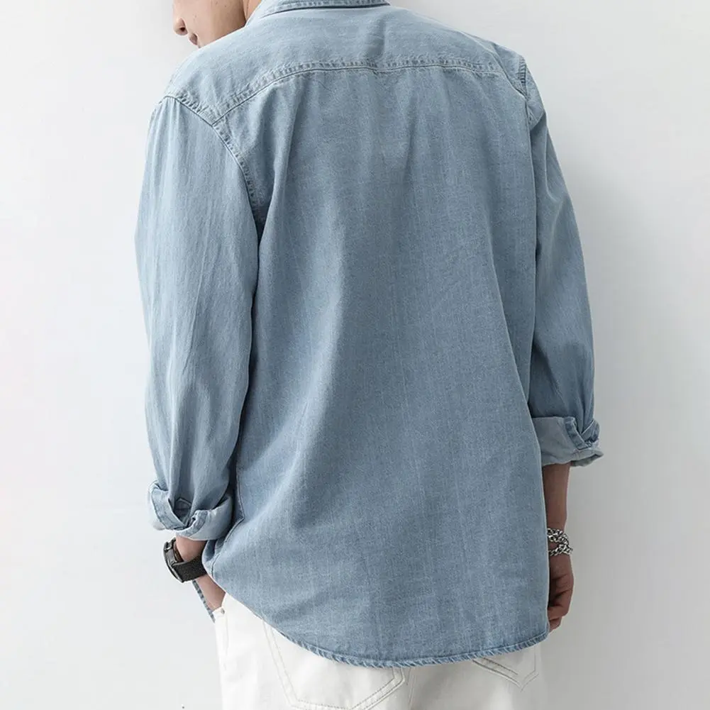 Men Loose Fit Denim Shirt Stylish Men Long Sleeve Shirt Casual Men's Denim Shirt Long Sleeve Lapel Button Down for Daily